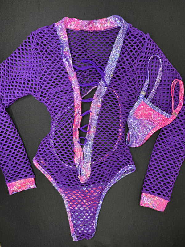 Metallic Pink & Purple/Purple Fishnet One-Piece Leotard Lingerie Outfi ...
