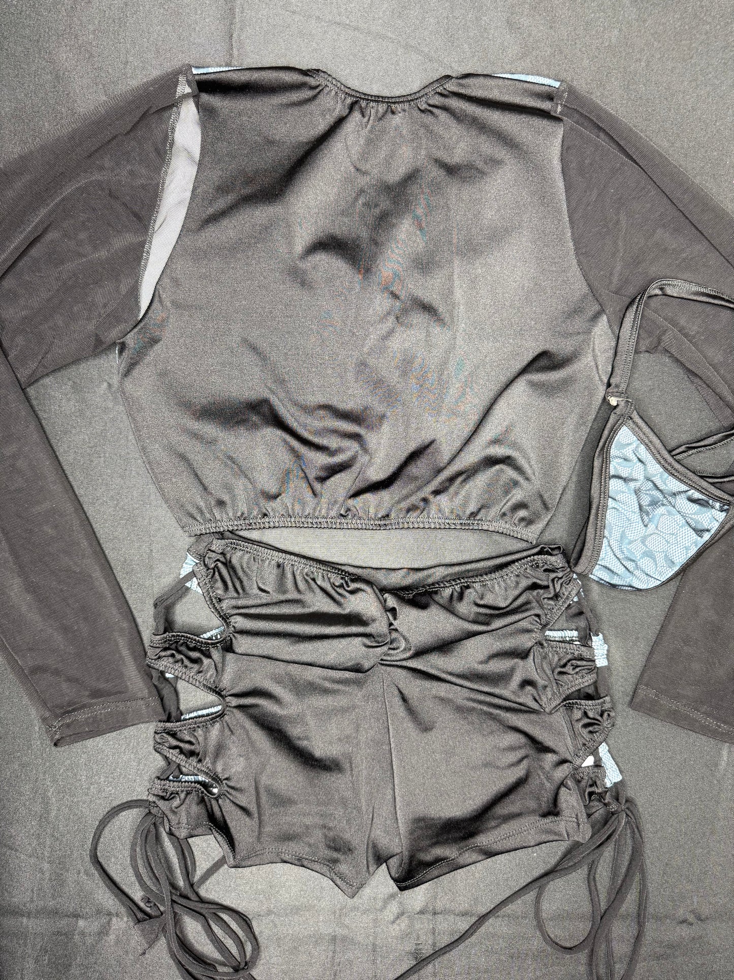 Blue/Grey Designer Spandex/Black Mesh Long Sleeve/Shorts Lingerie Outfit