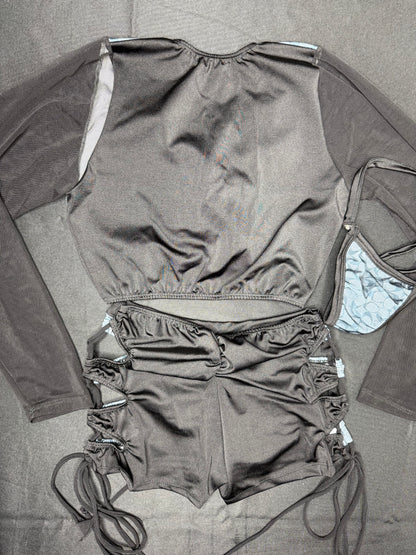 Blue/Grey Designer Spandex/Black Mesh Long Sleeve/Shorts Lingerie Outfit