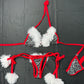 Red Mesh/White Fur & Silver Spandex Three-Piece Christmas Lingerie Outfit