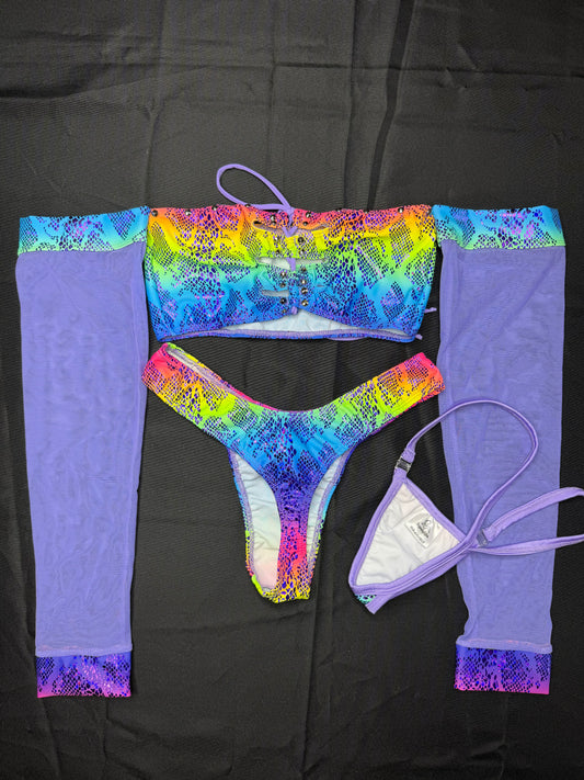 Rainbow Spandex/Lavender Mesh Long Sleeve Tube-Top/Cheeky Thong Two-Piece Lingerie Outfit
