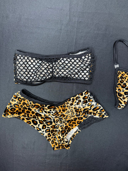 Animal Print Velvet/Fishnet Tube Top/Shorts Two-Piece Lingerie Outfit