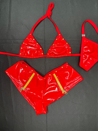 Red Latex/Gold Zipper Two-Piece Shorts Lingerie Outfit