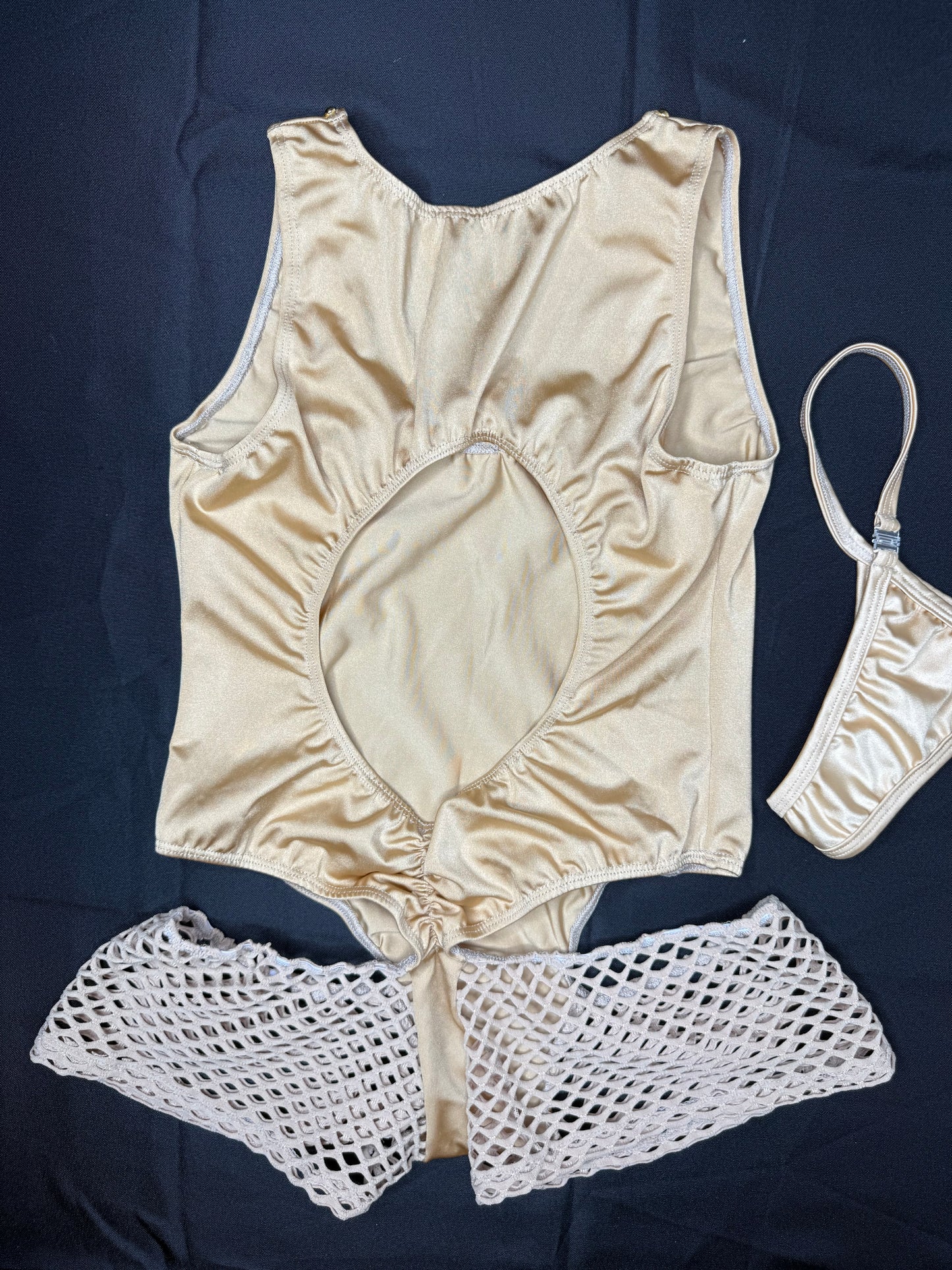 Tan Fishnet Spandex One-Piece Romper Lingerie Outfit
