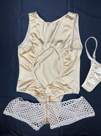 Tan Fishnet Spandex One-Piece Romper Lingerie Outfit