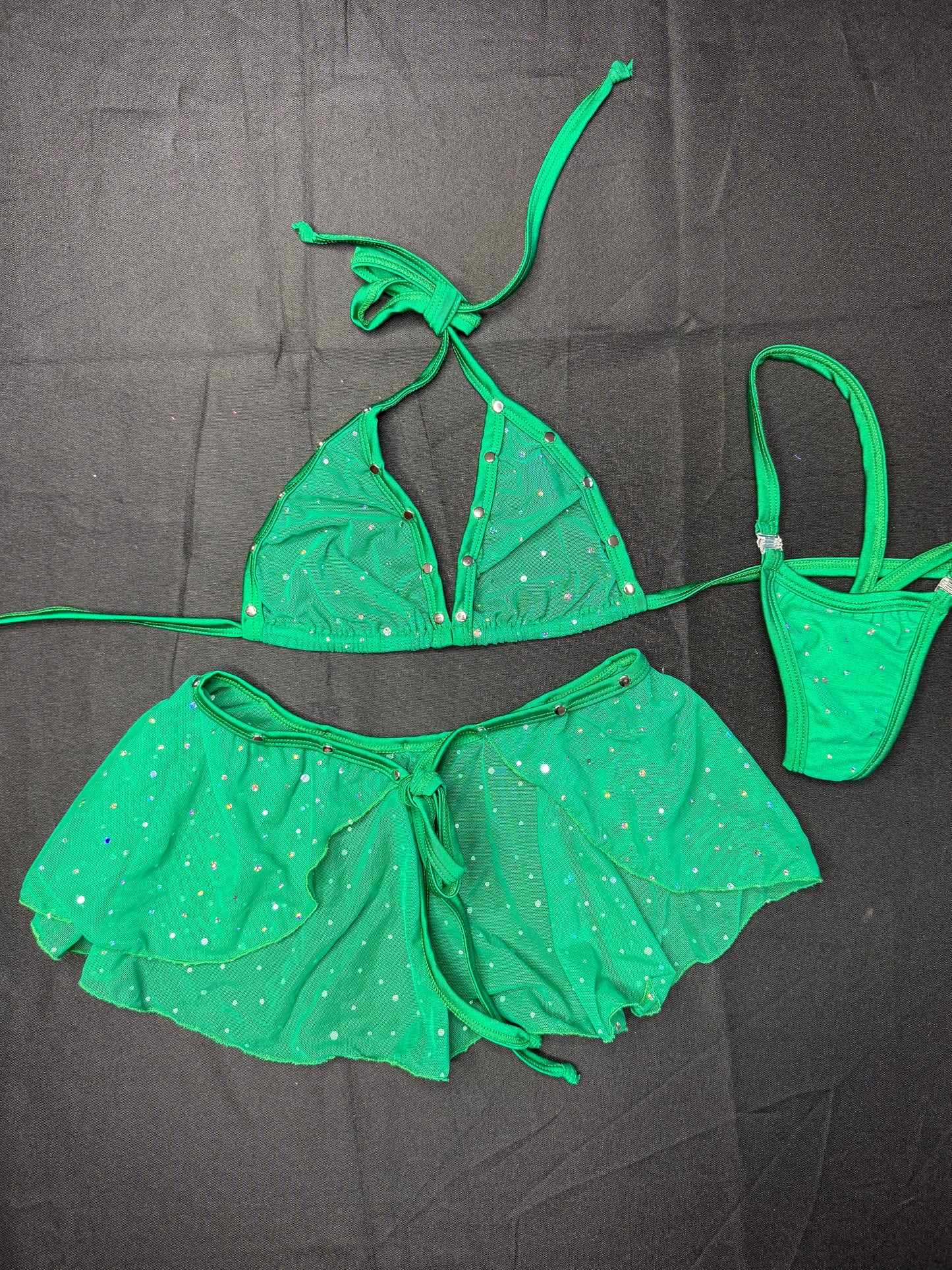 Hunter Green Mesh Two-Piece Skirt Lingerie Outfit