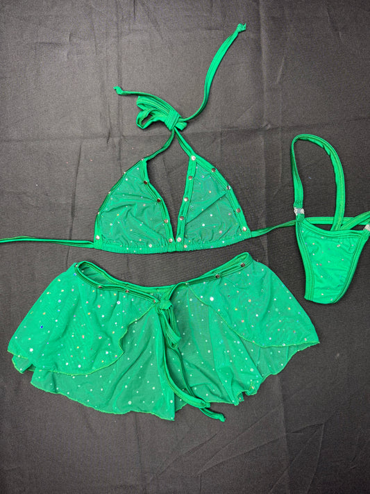 Hunter Green Mesh Two-Piece Skirt Lingerie Outfit