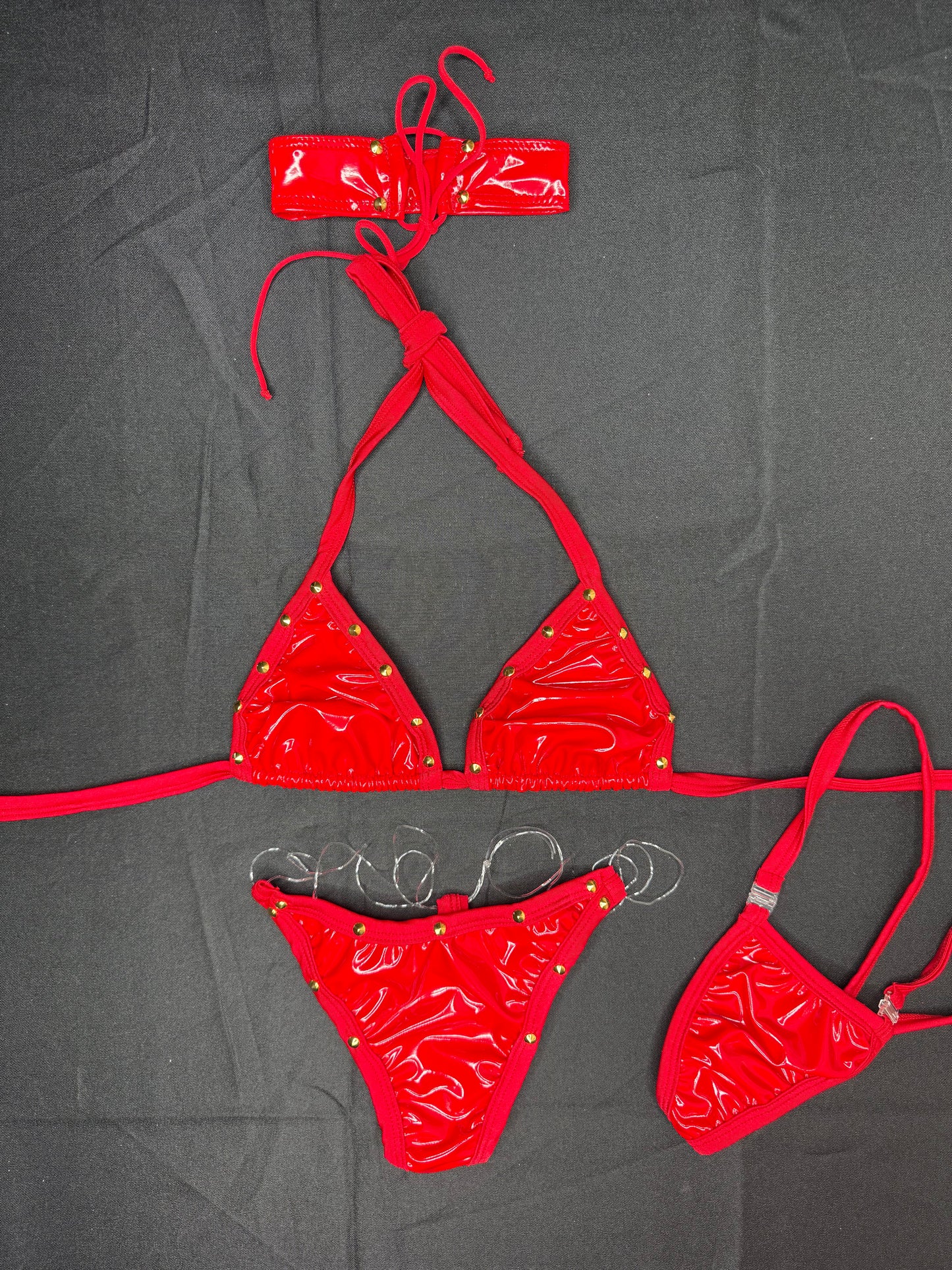 Red Latex Two-Piece Bikini Choker Lingerie Outfit