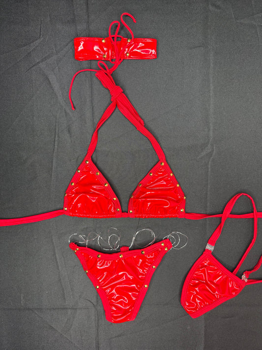Red Latex Two-Piece Bikini Choker Lingerie Outfit