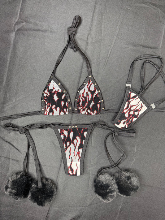 White Mesh Flame/Black Spandex Fur Two-Piece Lingerie Outfit