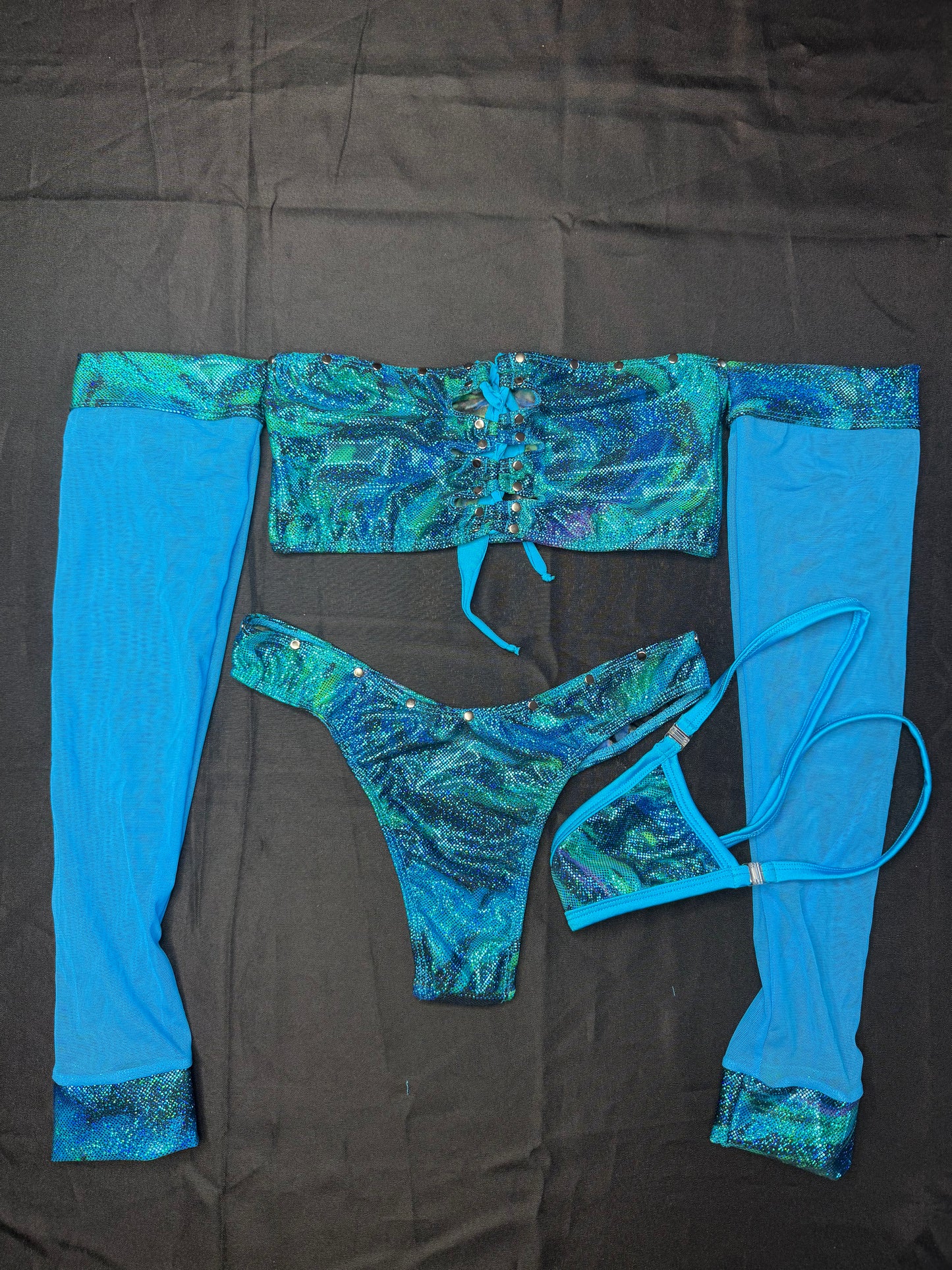 Blue/Cyan Mermaid Long Sleeve Tube Top/Cheeky Thong Two-Piece Lingerie Outfit