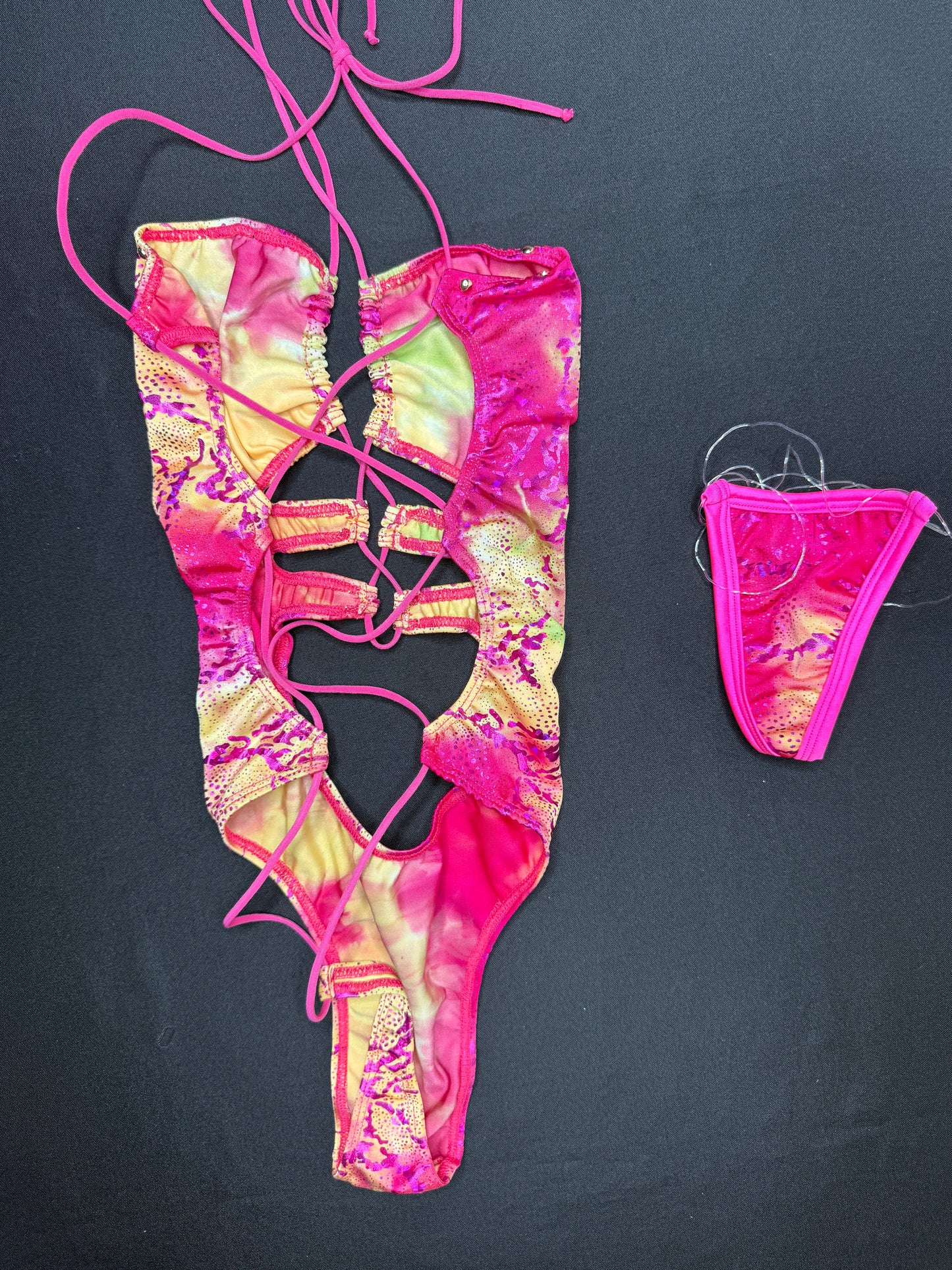 Pink/Yellow Print One-Piece Lingerie Outfit