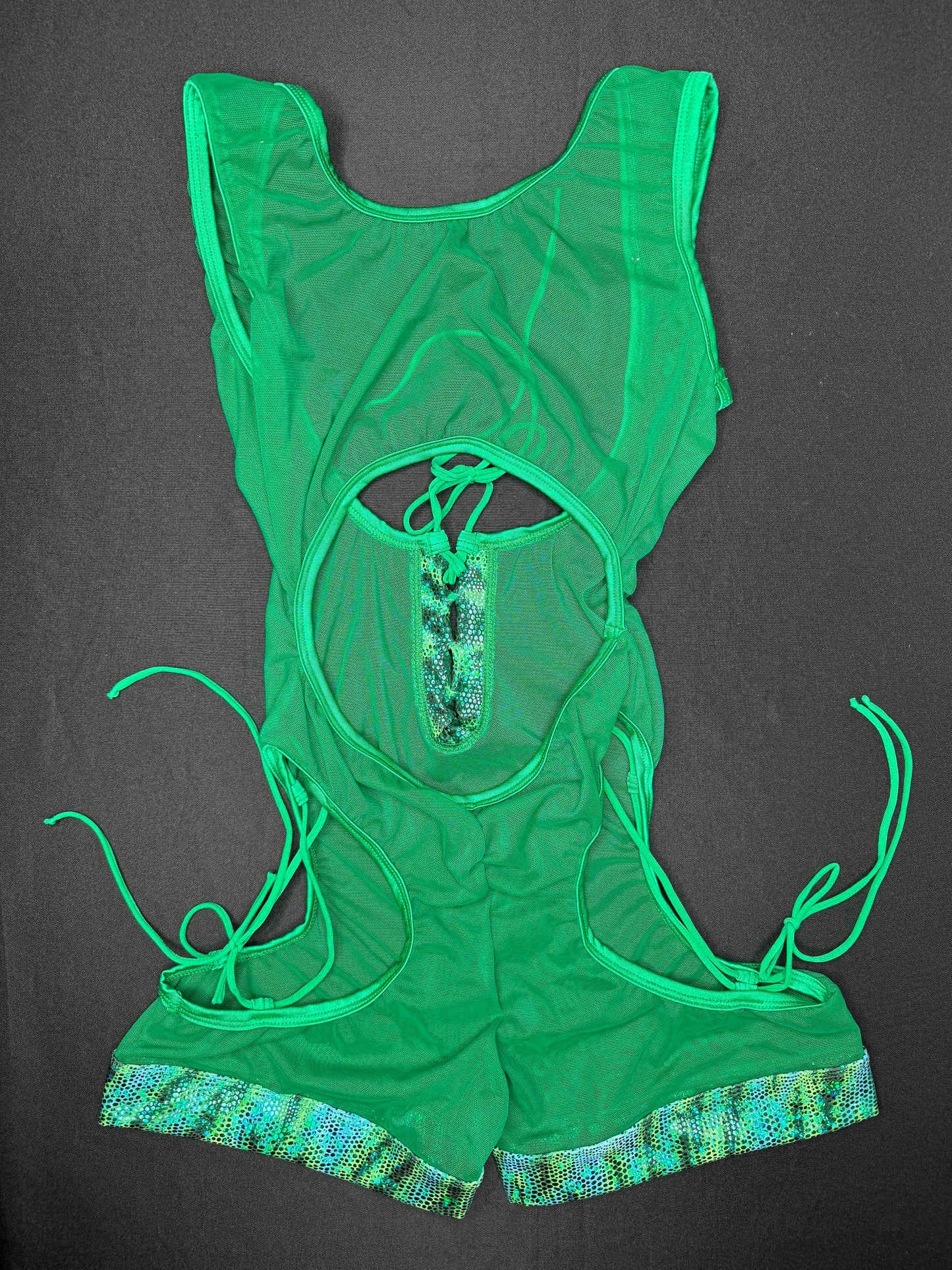 Metallic Animal Print/Green Mesh One-Piece Sleeveless Romper/Bikini Top Lingerie Outfit