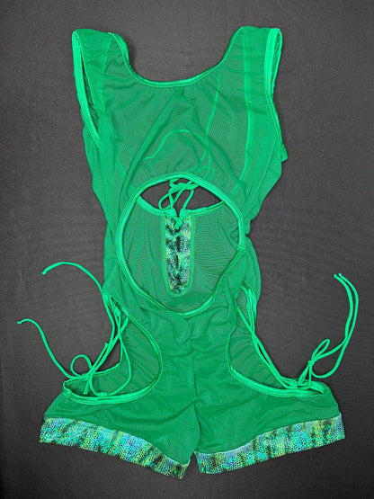 Metallic Animal Print/Green Mesh One-Piece Sleeveless Romper/Bikini Top Lingerie Outfit
