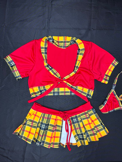 Red/Yellow Plaid Spandex Short Sleeve/Tie Skirt/Tie School Girl Outfit