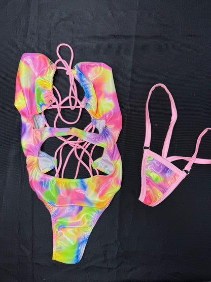 Baby Pink/Rainbow Spandex One-Piece Lingerie Outfit