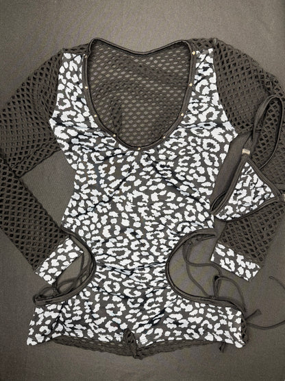 Black/Grey Spandex One-Piece Cheetah Print Lingerie Outfit