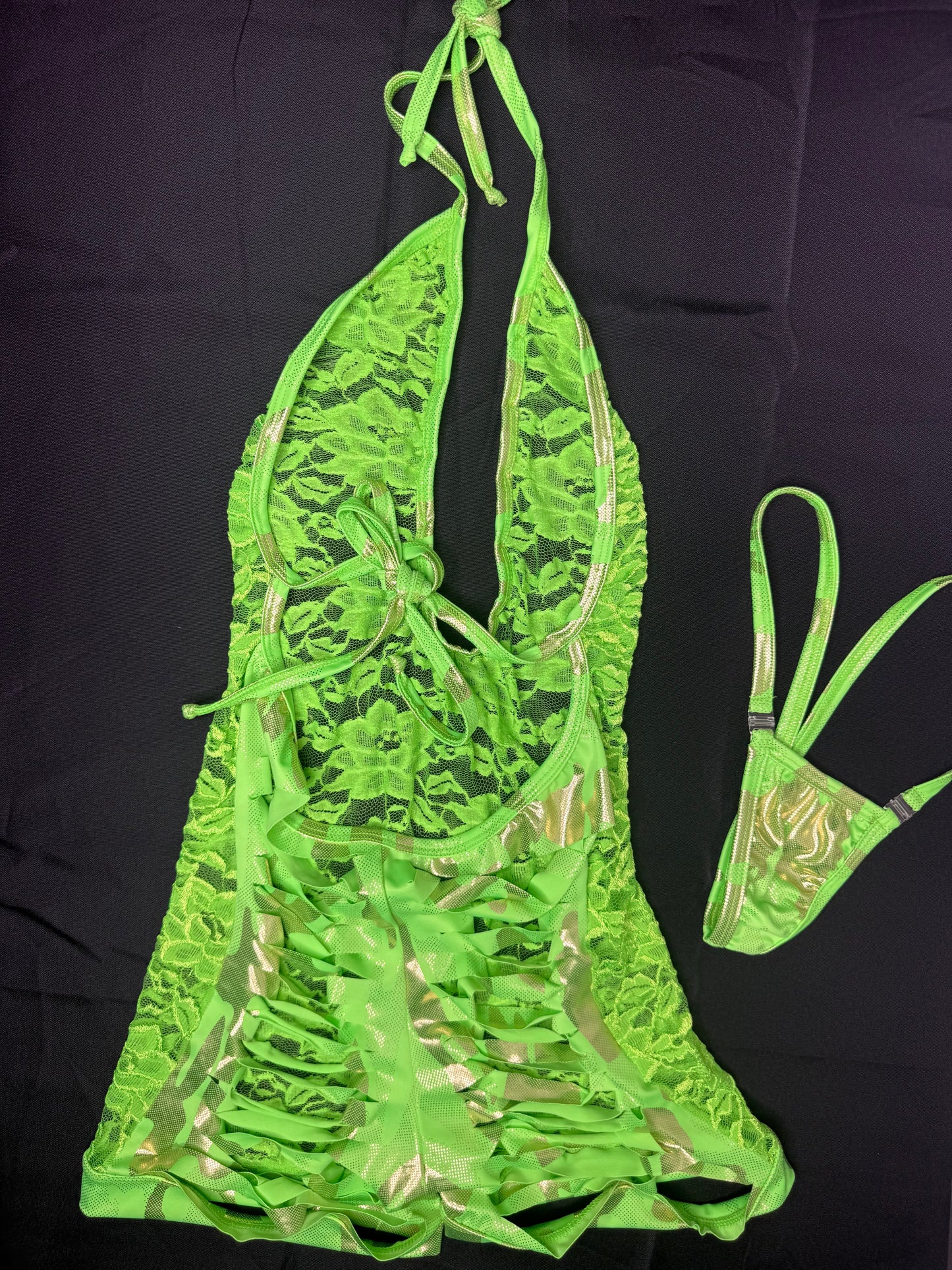 Neon Green Lace/Spandex Ripped Back One-Piece Lingerie Outfit