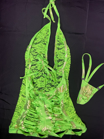 Neon Green Lace/Spandex Ripped Back One-Piece Lingerie Outfit