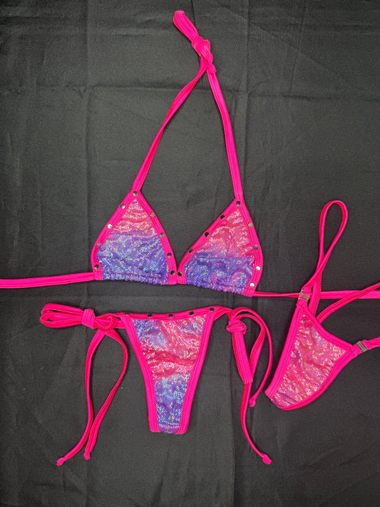 Hot Pink/Metallic Pink/Purple Ombré Spandex Two-Piece Bikini Lingerie Outfit