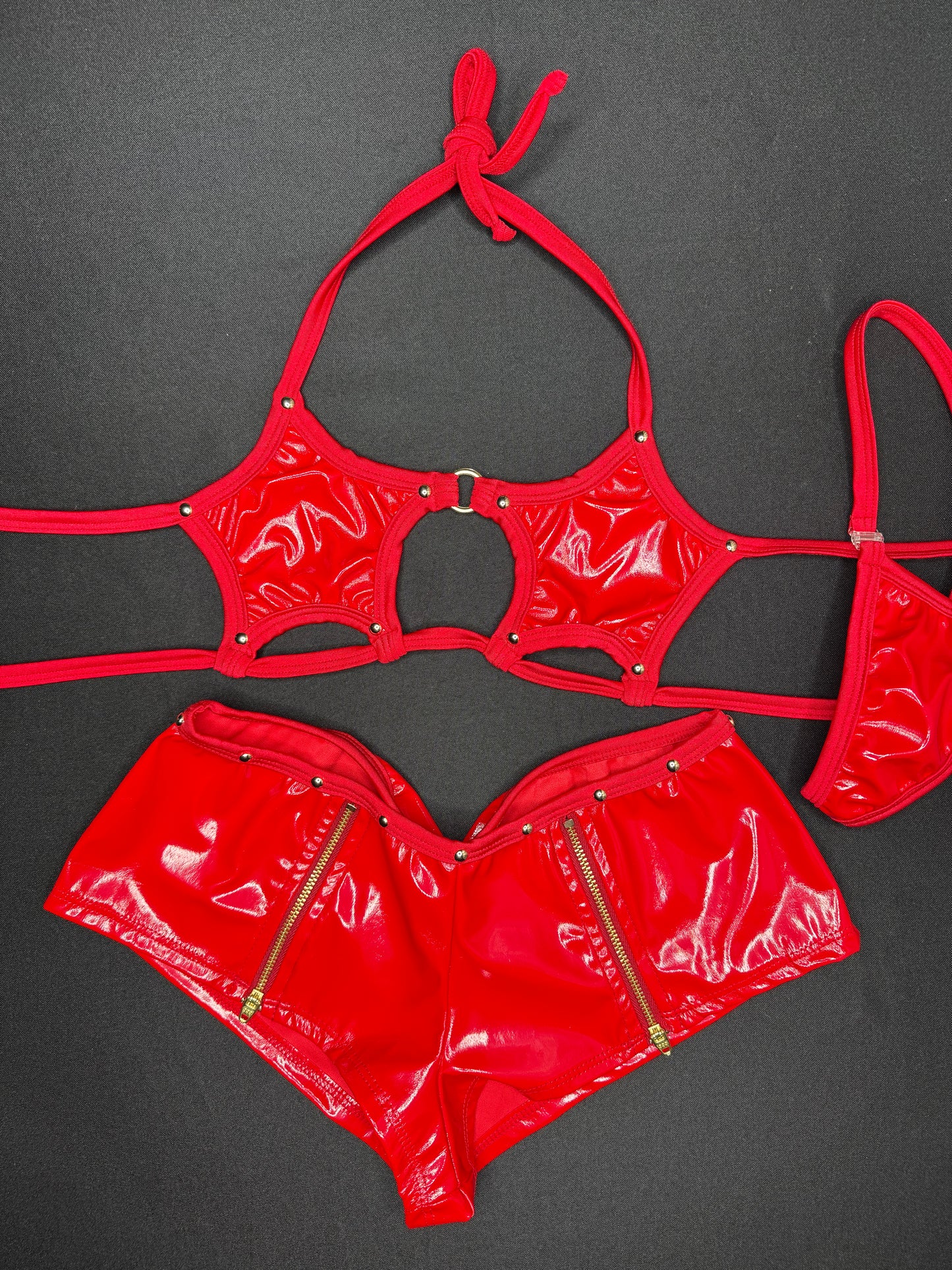 Red Latex Star Top/Zipper Shorts Two-Piece Lingerie Outfit
