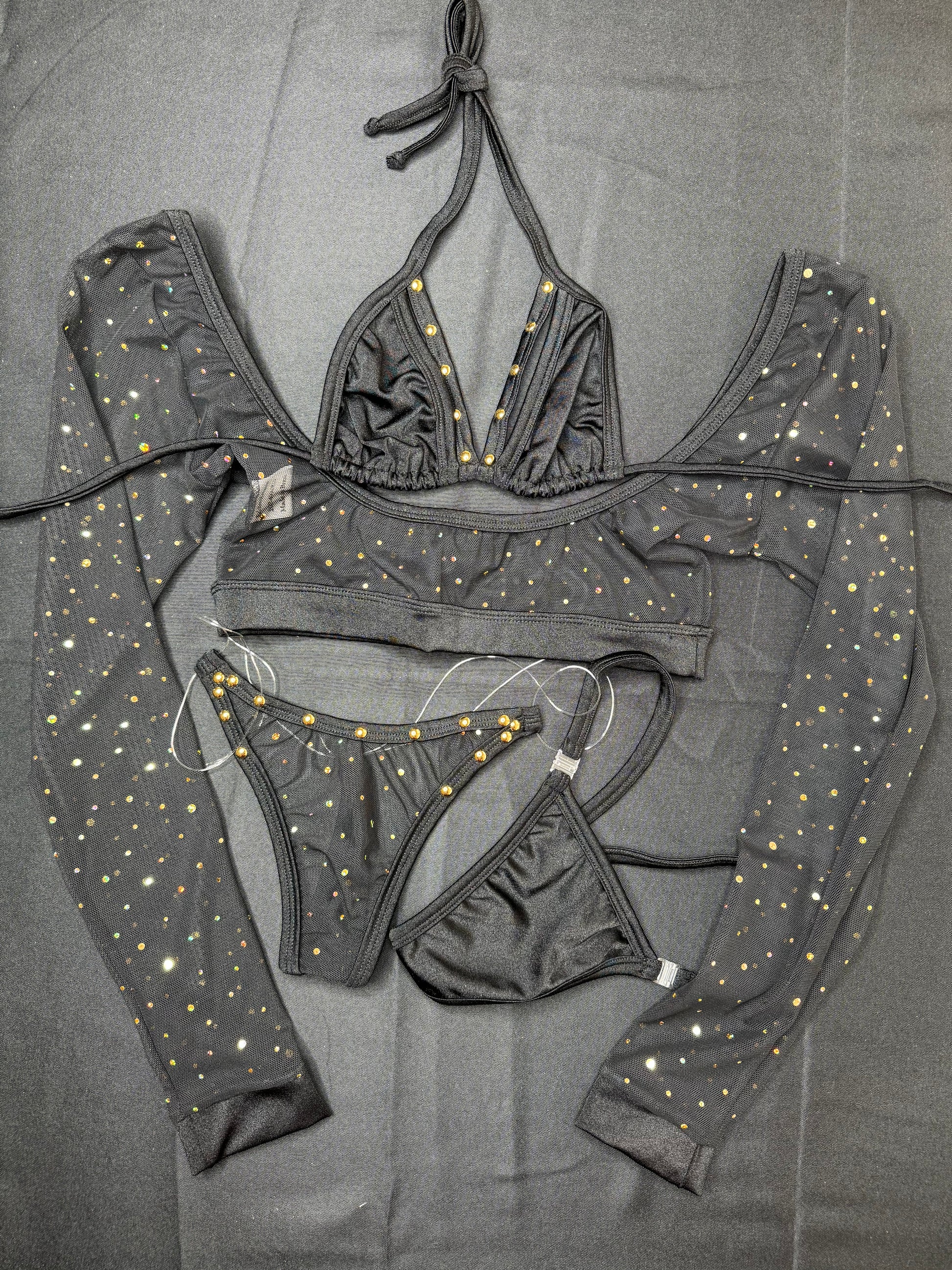 Black Mesh Three-Piece Exotic Dance Wear Outfit