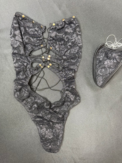 Black Flower Lace One-Piece Lingerie Outfit