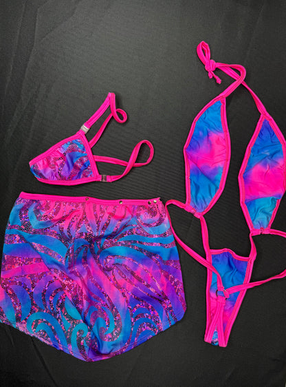 Pink/Blue Spandex Slingshot/Skirt Three-Piece Outfit