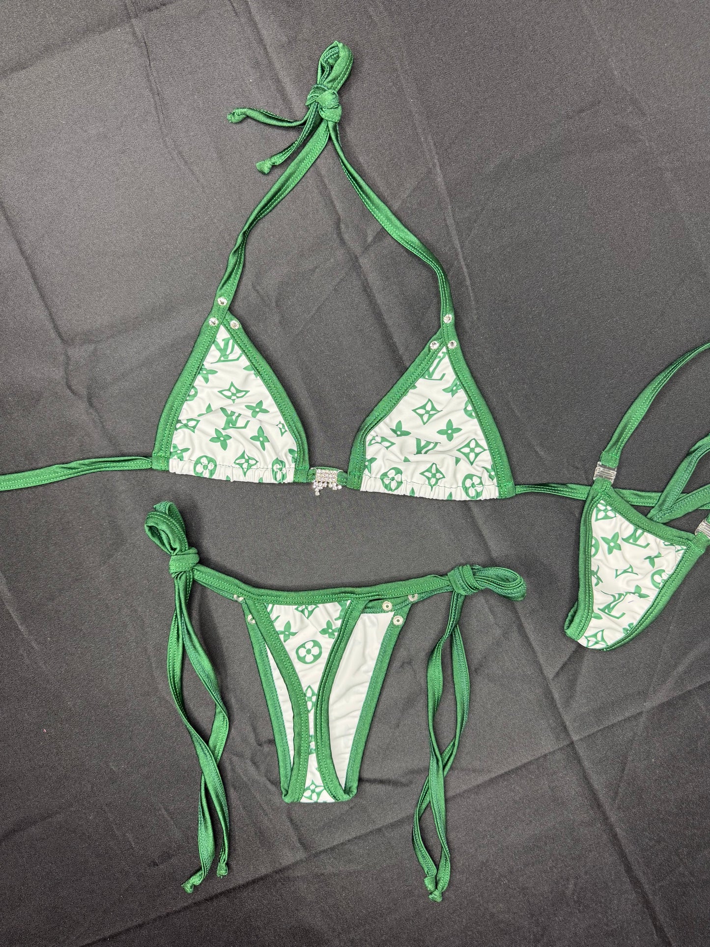 Designer Green/White Spandex Two-Piece Bikini Lingerie Outfit