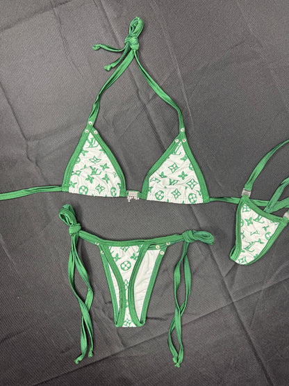Designer Green/White Spandex Two-Piece Bikini Lingerie Outfit