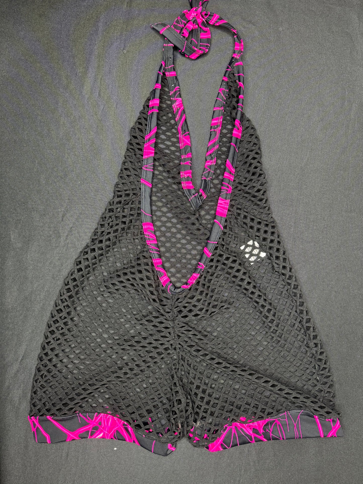 Hot Pink Thunder Spandex/Black Fishnet One-Piece Cheeky Thong Lingerie Outfit
