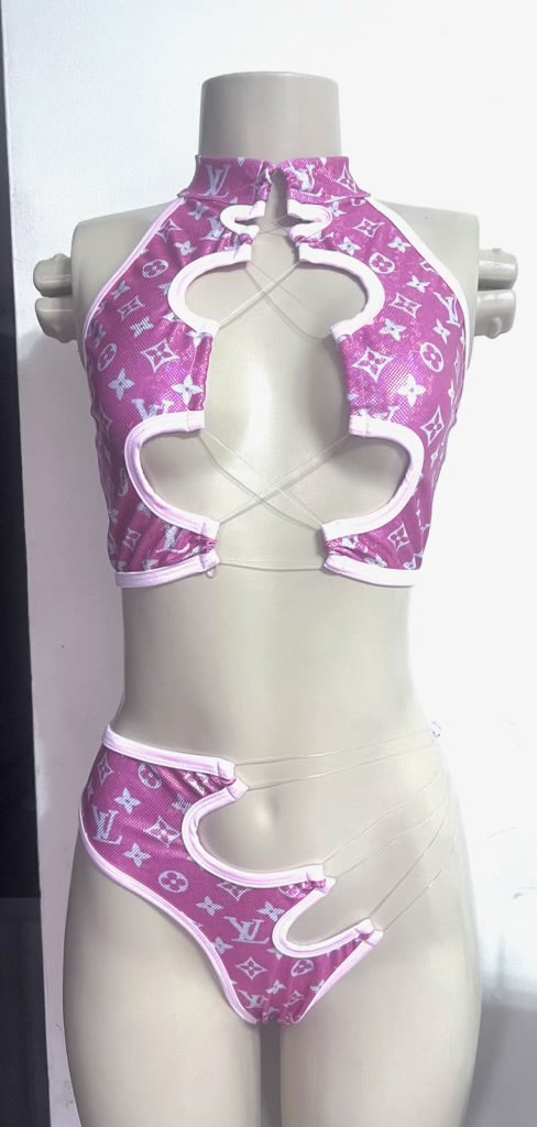 Hot Pink/Baby Pink Two-Piece Silicone String Exotic Dancer Outfit