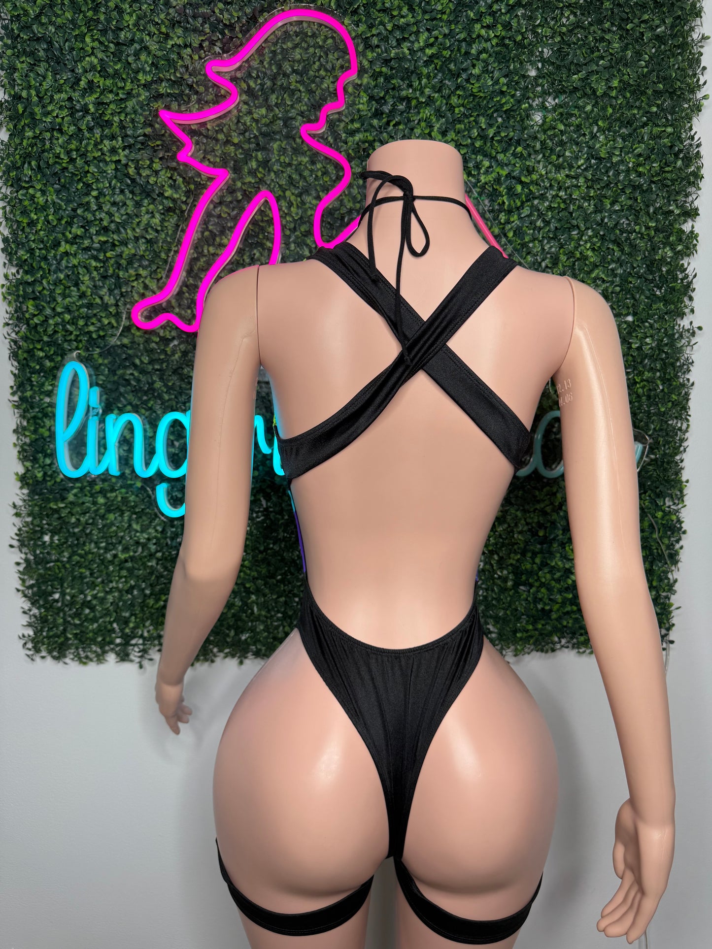 Neon Green Fishnet/Cosmic Blue/Yellow/Black Spandex One-Piece Romper Lingerie Outfit
