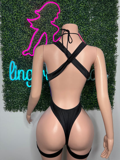 Neon Green Fishnet/Cosmic Blue/Yellow/Black Spandex One-Piece Romper Lingerie Outfit