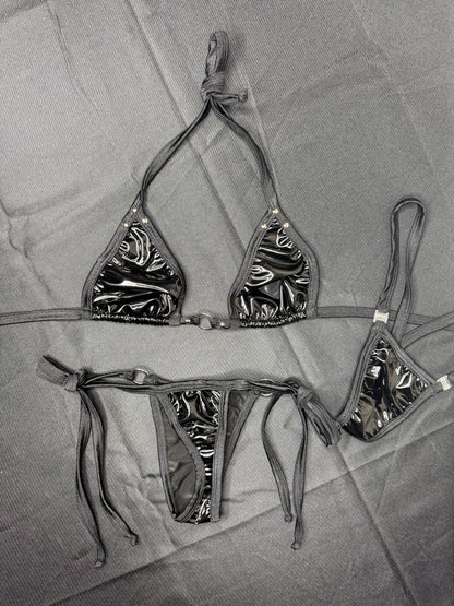 Black Latex Two-Piece Bikini Lingerie Outfit