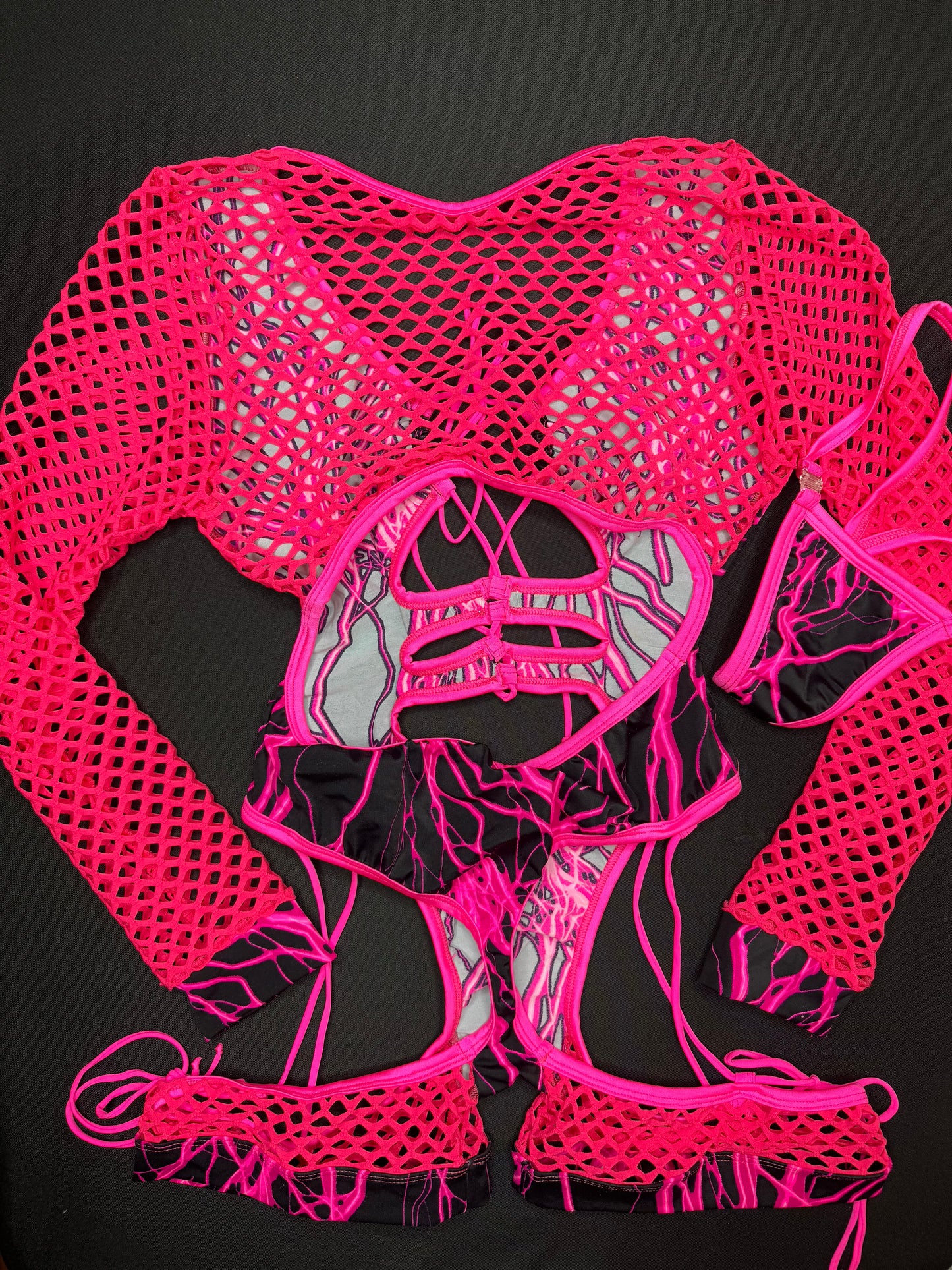 Hot Pink Thunder Print/Hot Pink Fishnet One-Piece Romper Lingerie Outfit