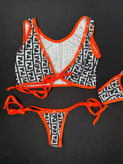 Orange/Black Spandex Sports Top/Side-Tie Bikini Bottoms Two-Piece Lingerie Outfit