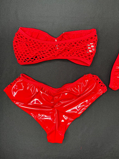 Red Latex Tube Top/Shorts Two-Piece Lingerie Outfit
