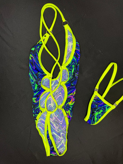 Trippy Print/Yellow Spandex One-Piece Lingerie Outfit