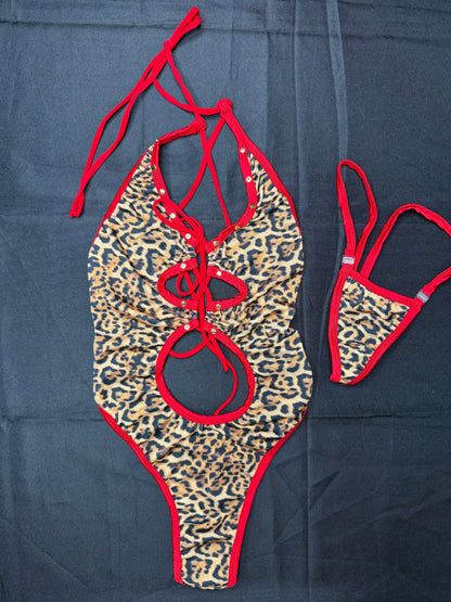 Leopard Animal Print/Red Spandex One-Piece Lingerie Outfit