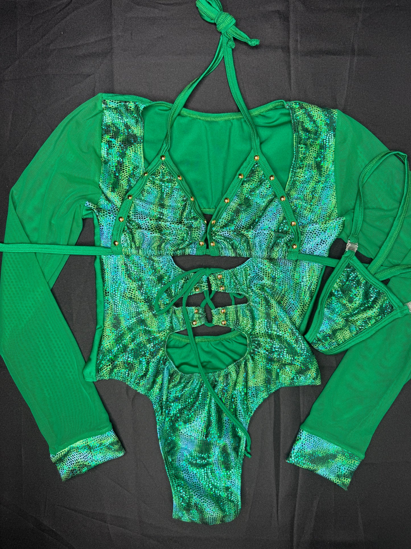Green Animal Print Spandex/Green Mesh One-Piece Leotard Lingerie Outfit