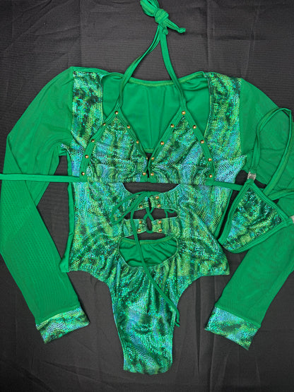 Green Animal Print Spandex/Green Mesh One-Piece Leotard Lingerie Outfit