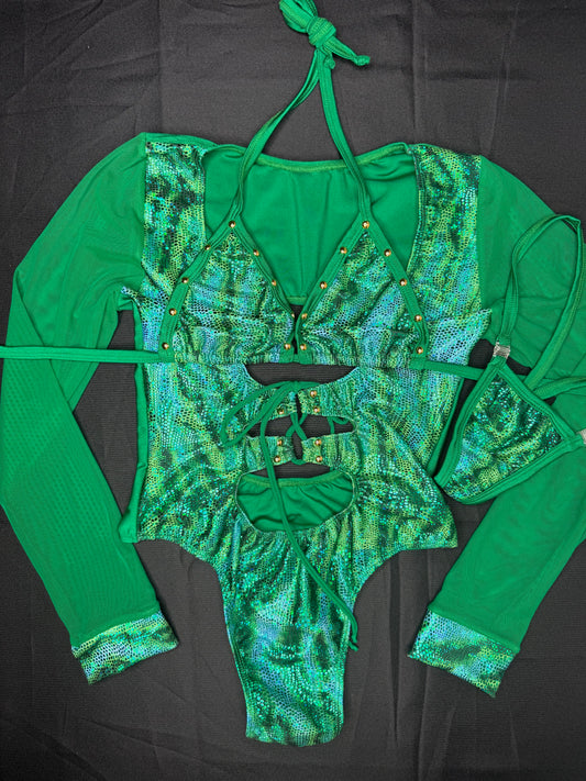 Green Animal Print Spandex/Green Mesh One-Piece Leotard Lingerie Outfit