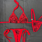 Red Web Print Spandex Two-Piece Side-Tie Bikini Lingerie Outfit