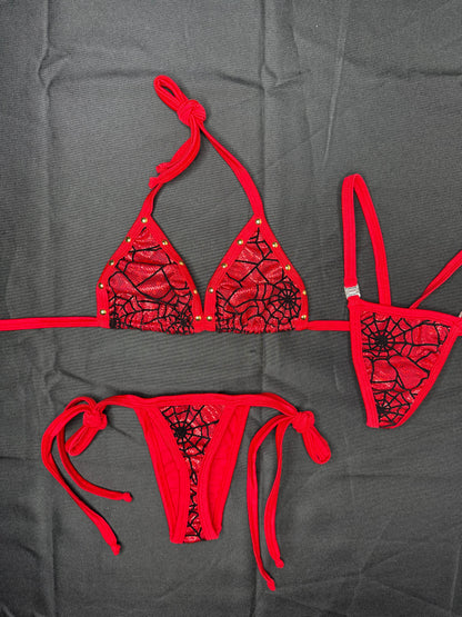 Red Web Print Spandex Two-Piece Side-Tie Bikini Lingerie Outfit