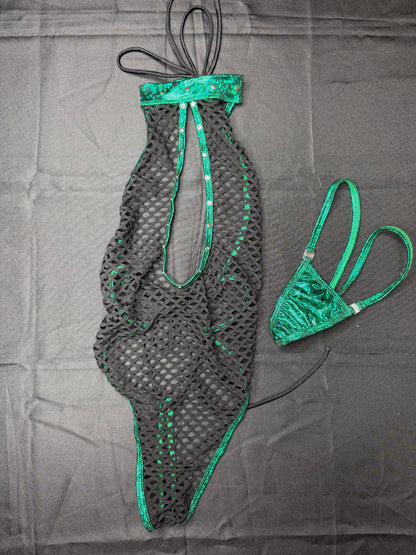 Metallic Green Spandex/Black Fishnet One-Piece Lingerie Outfit