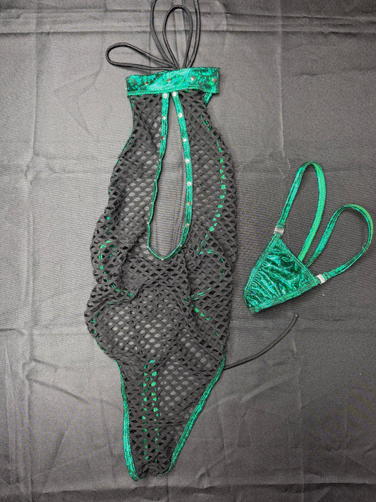 Metallic Green Spandex/Black Fishnet One-Piece Lingerie Outfit
