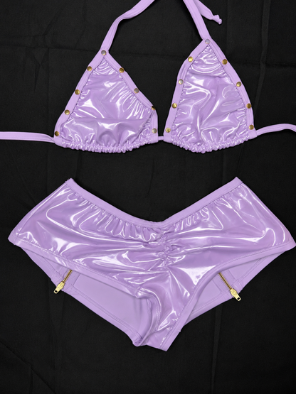 Shiny Lavender Vinyl/Lilac Spandex Bikini Top/Zipper Shorts Lingerie Outfit