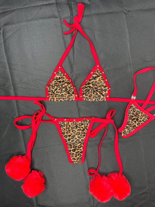 Animal Print/Red Spandex Two-Piece Bikini Lingerie Outfit