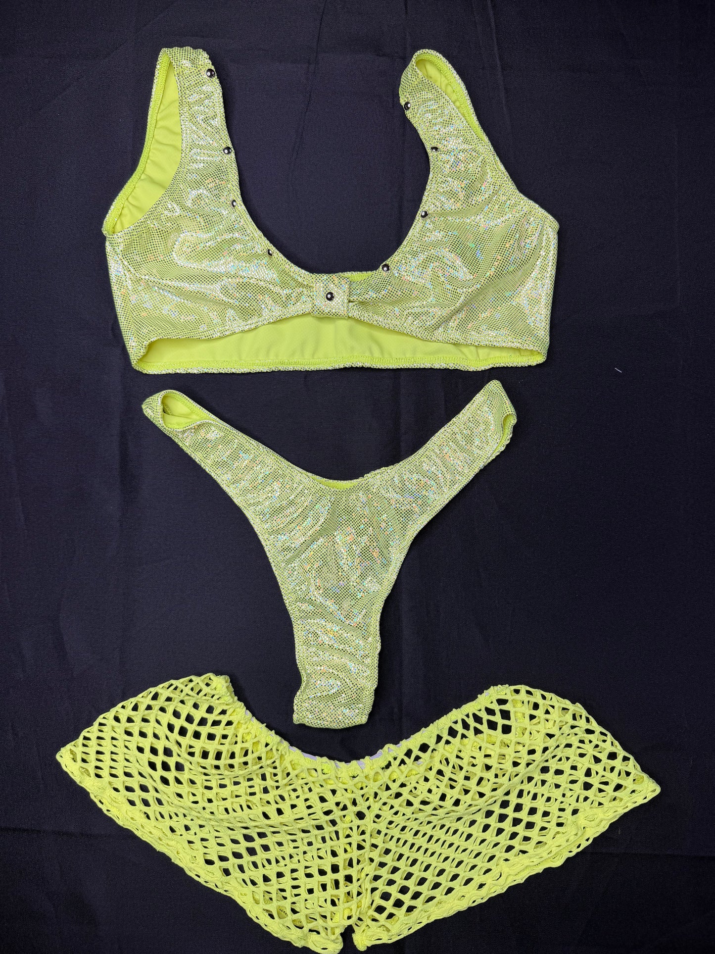 Metallic Neon Yellow Sports Bra/Cheeky Thong Fishnet Shorts Three-Piece Lingerie Outfit